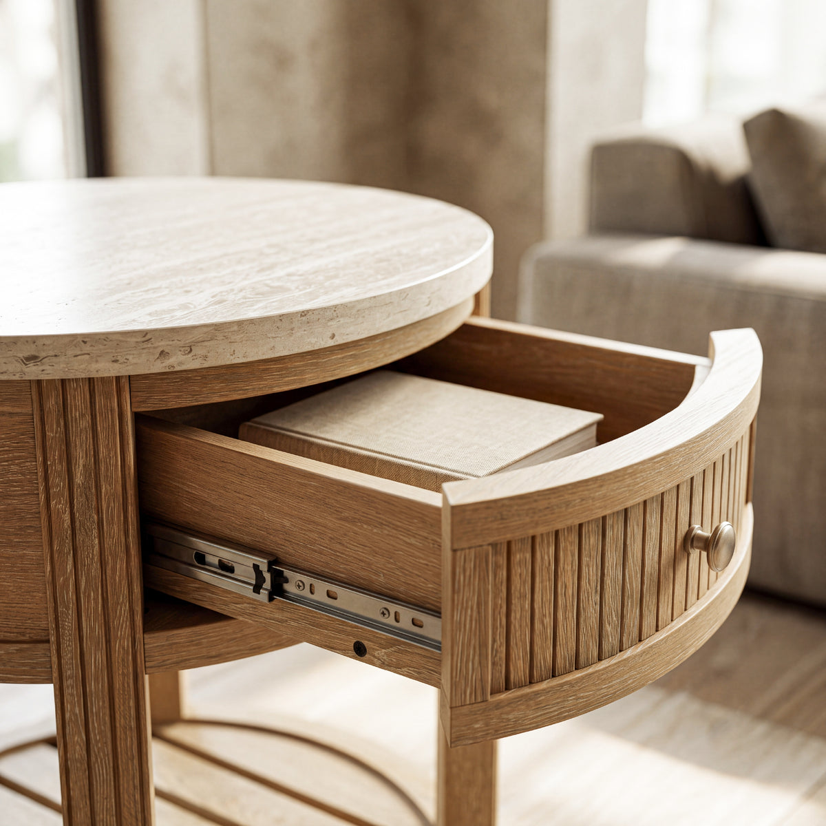 end table with drawer linen book metal slides
