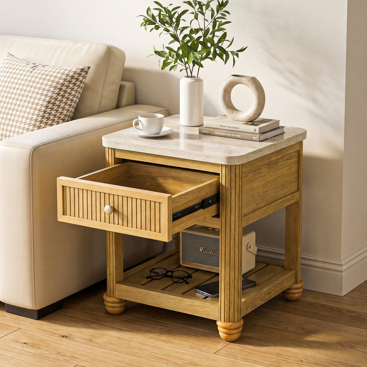 living room end table with storage for a neutral living room or condo beside a cream sofa