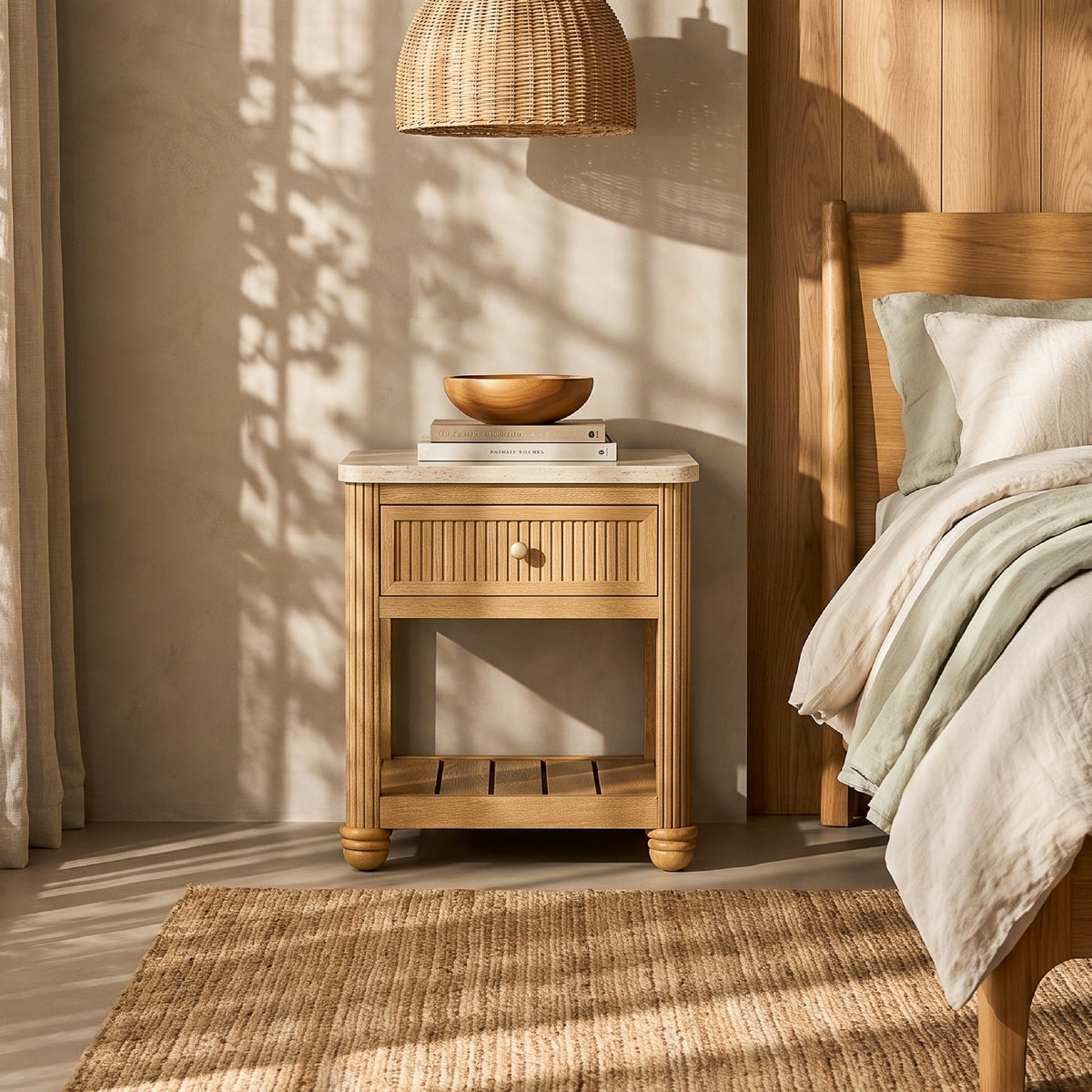 nightstand with open shelf and drawer as a bedroom side table under a rattan pendant light