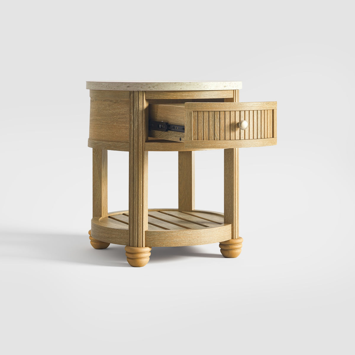 round end table with drawer and shelf three quarter view open