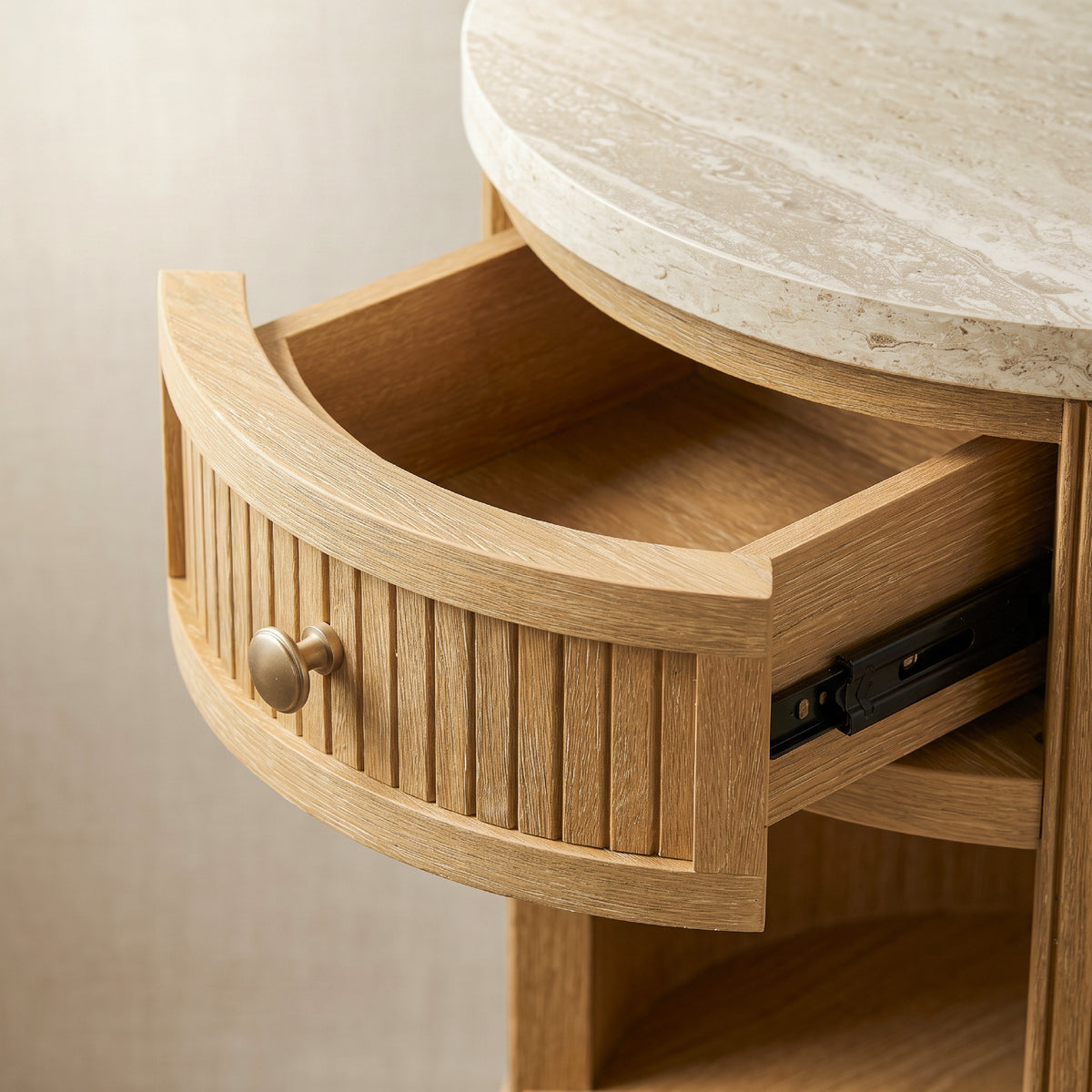 round end table with storage open curved drawer interior