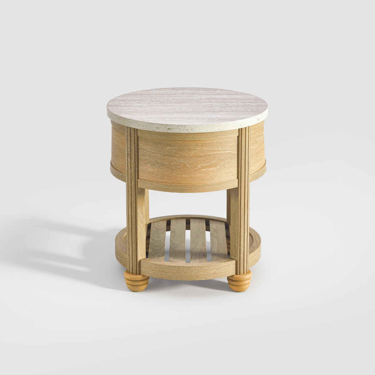 round end table with travertine top straight front view