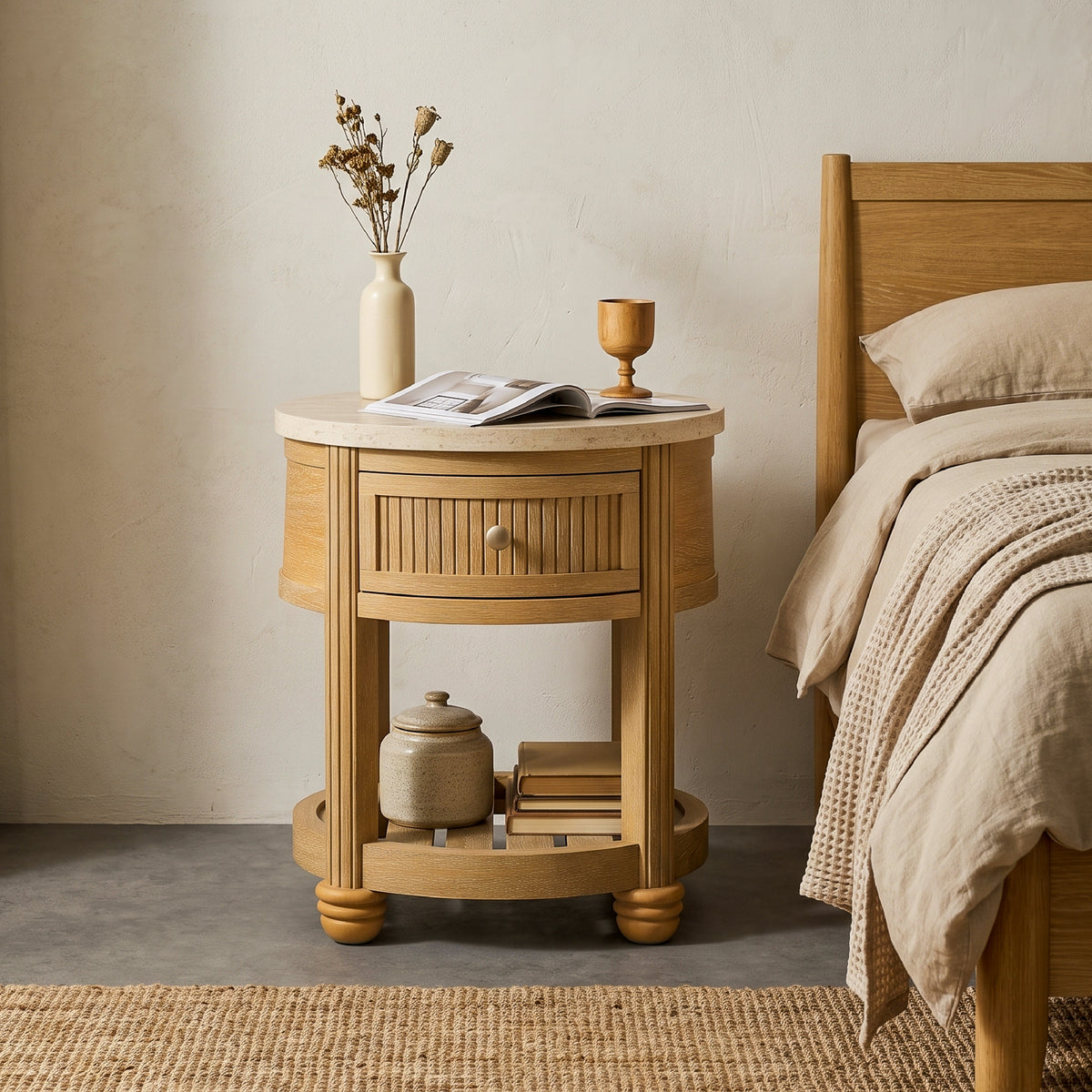 round nightstand with storage books ceramic jar beside bed