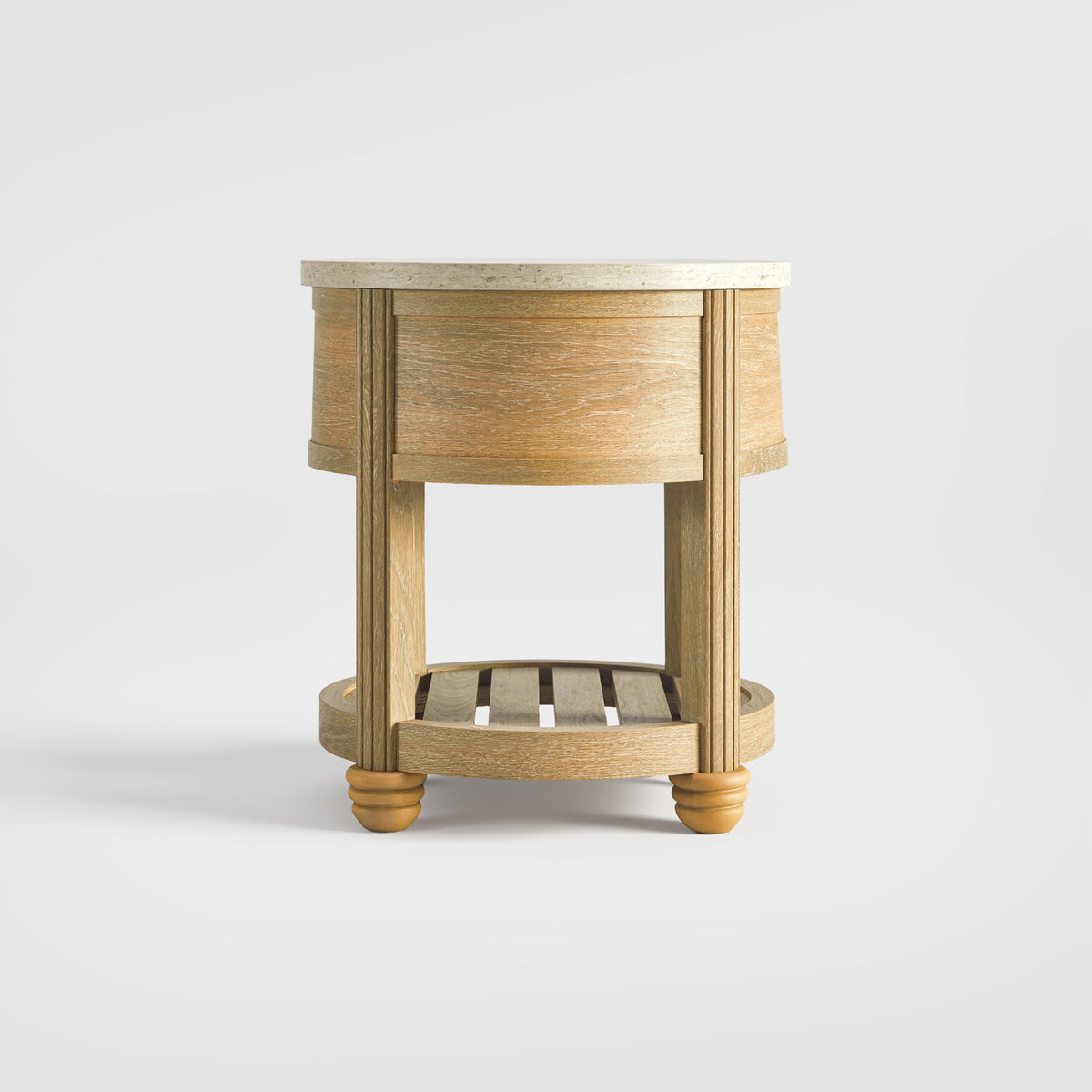 round side table natural wood fluted legs rear view