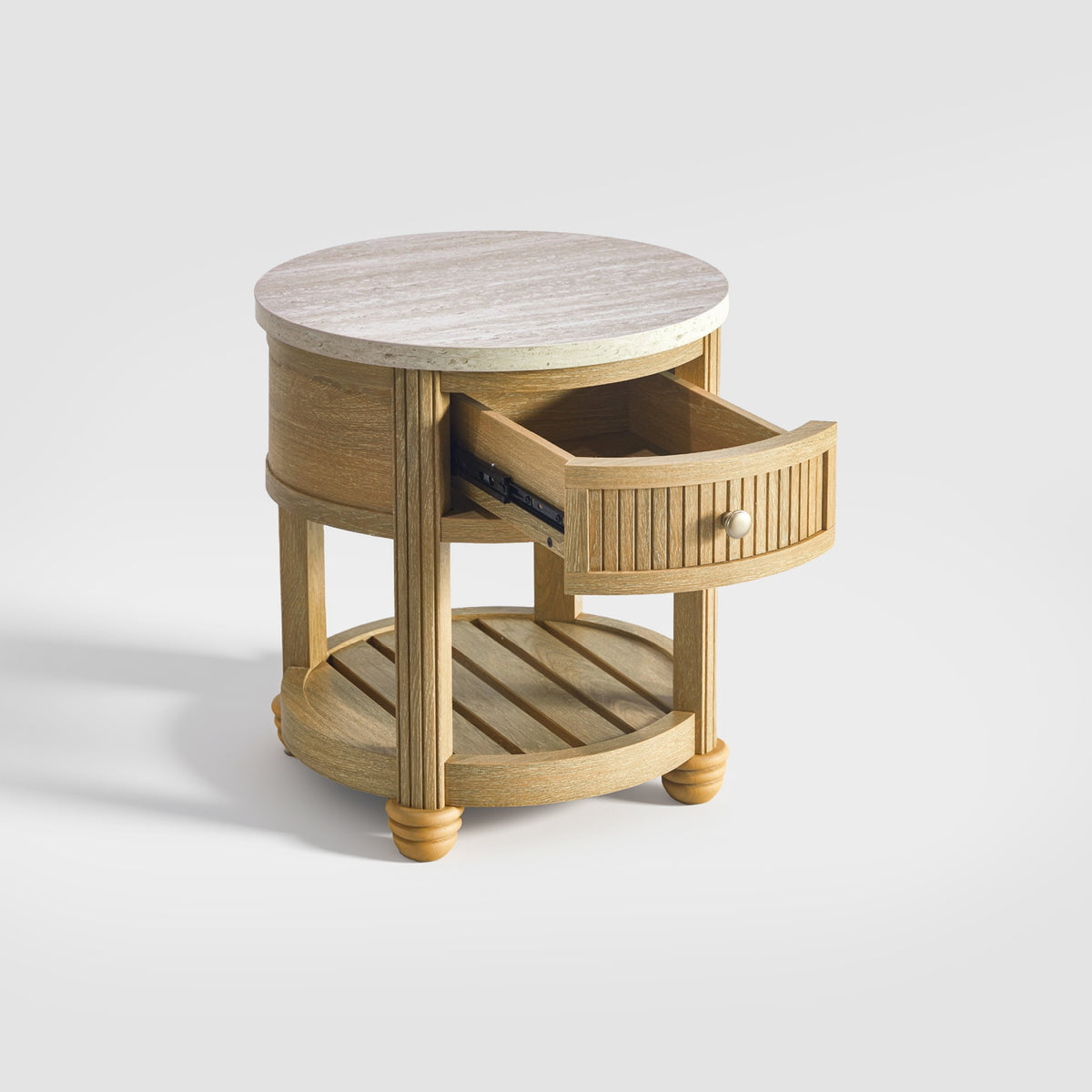 round side table with storage shelf three quarter view open drawer