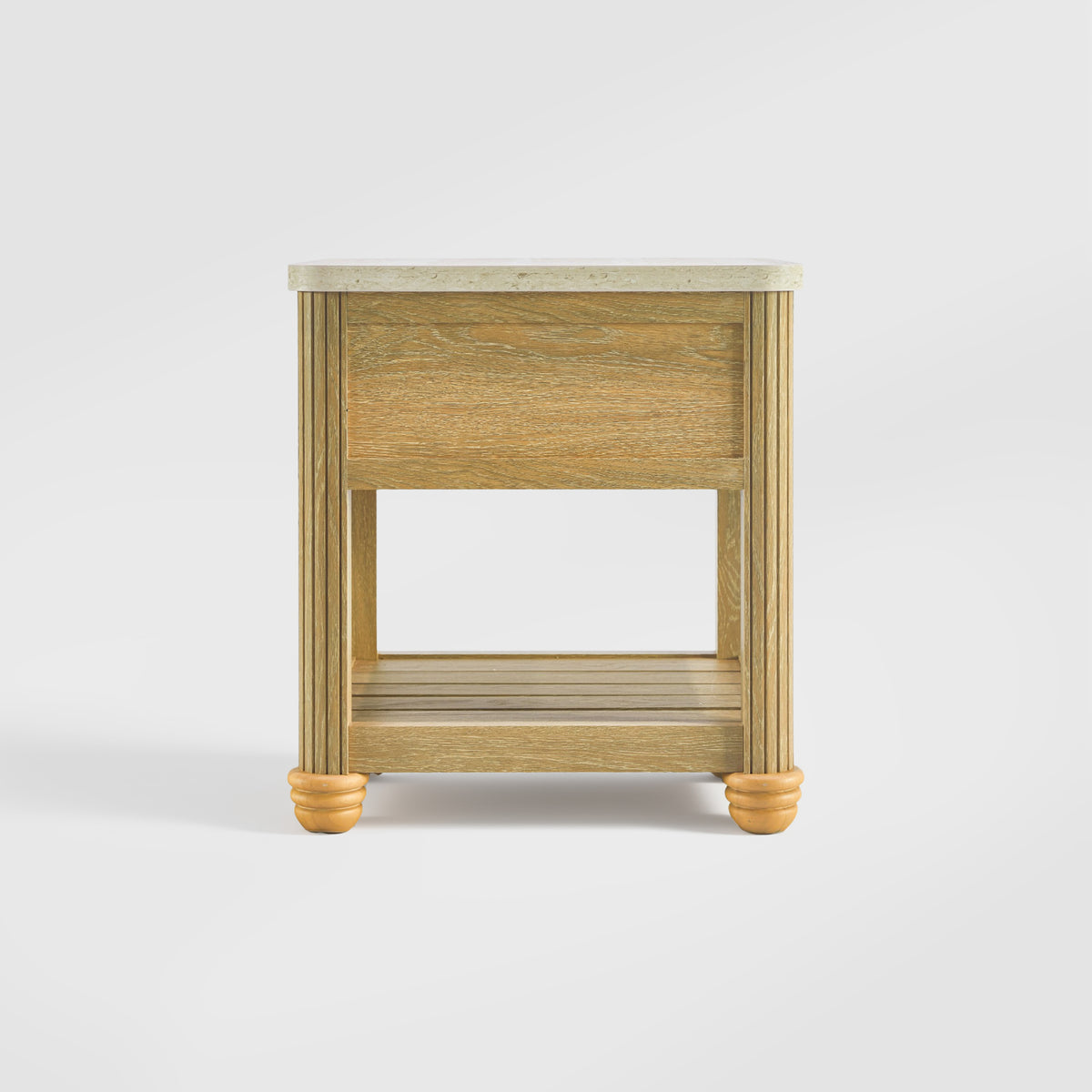 side table with storage from behind fluted legs and lower slatted shelf on a white background