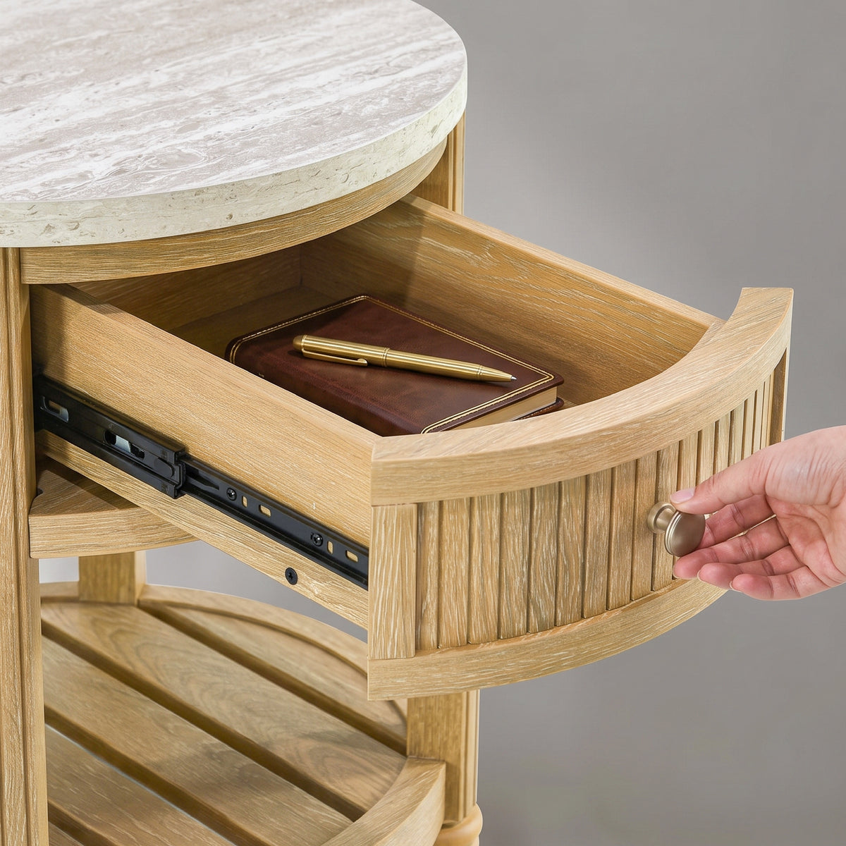 side table with storage hand pulling curved drawer
