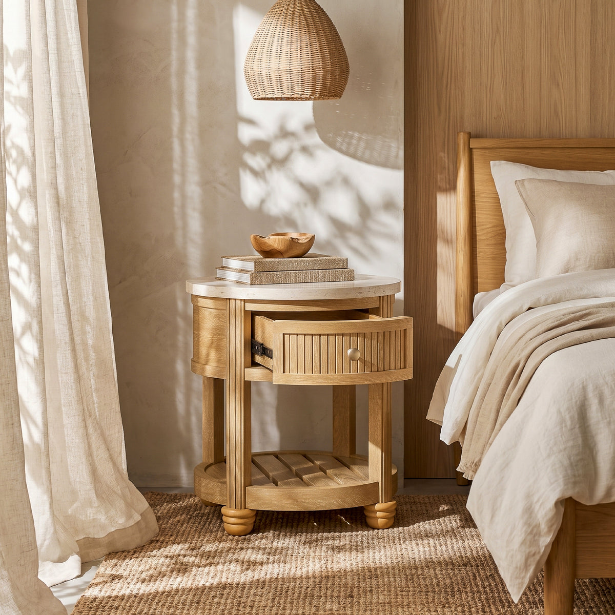 small bedroom nightstand drawer open rattan pendant light