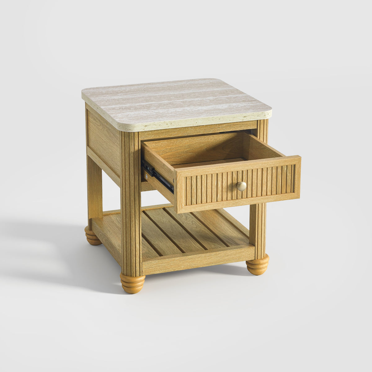 small end table with drawer and shelf drawer open on a white background in three quarter view