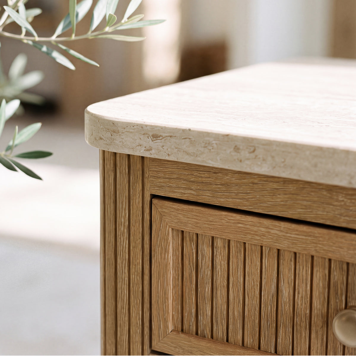 travertine inspired end table with storage corner detail showing the stone top and reeded drawer