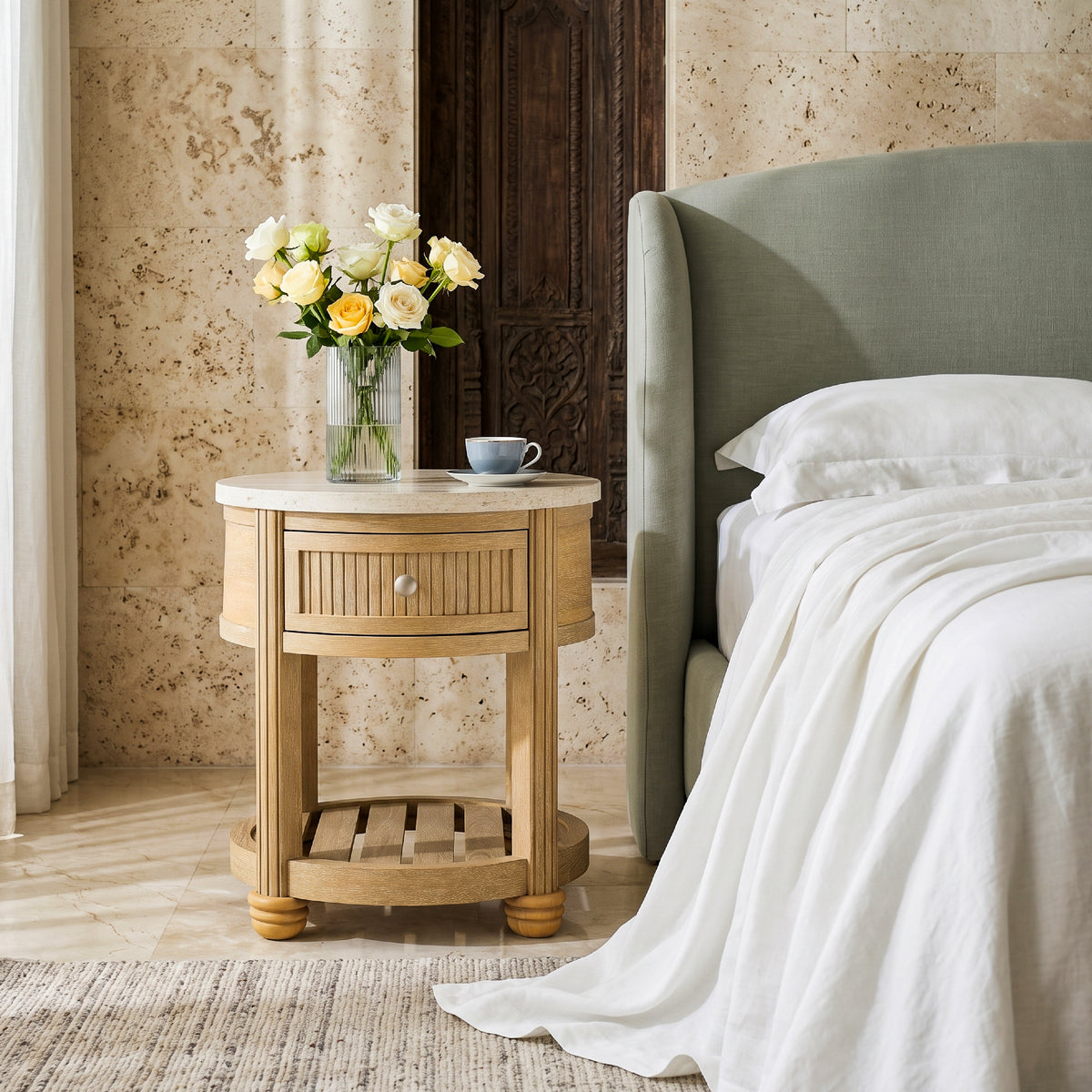 warm transitional end table sage green headboard