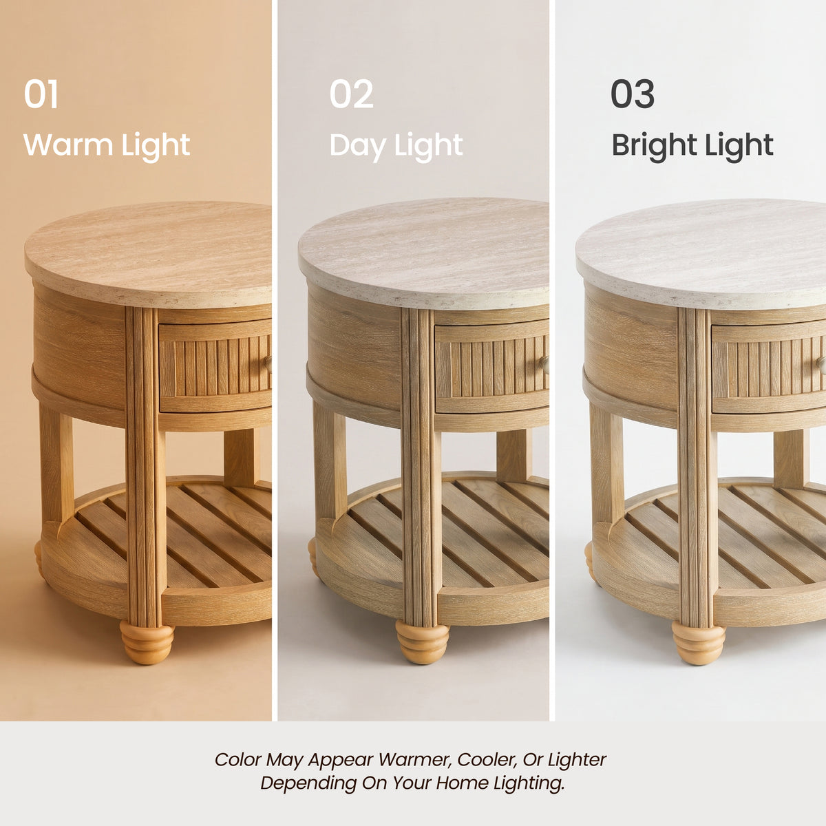 warm wood side table with drawer warm day bright light