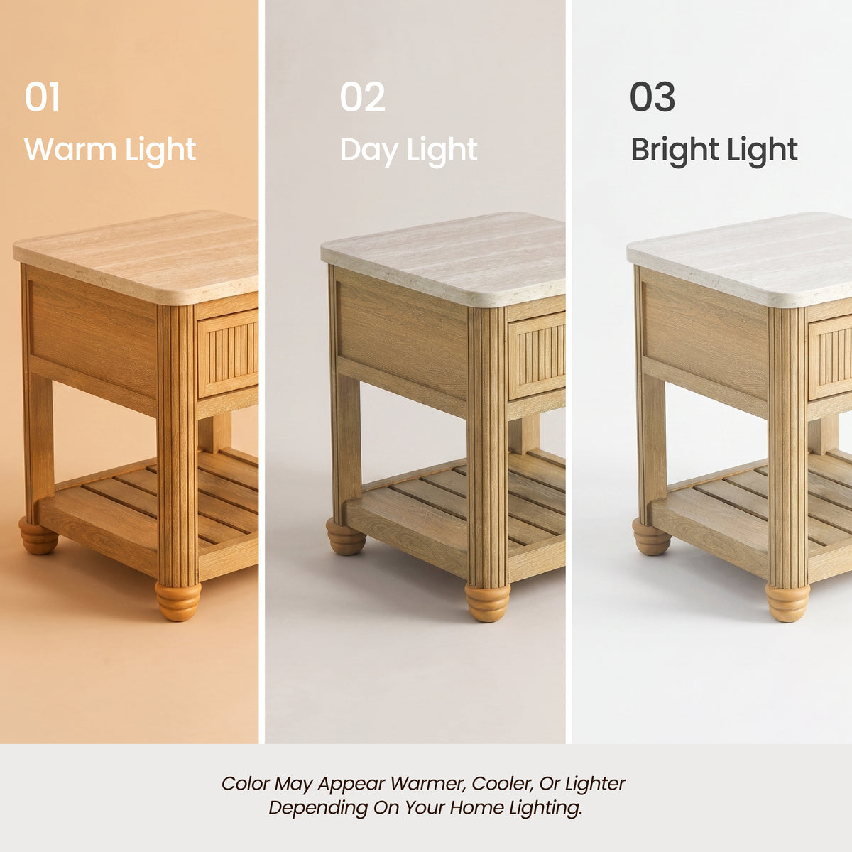 warm wood side table with storage for warm modern living rooms shown in warm day and bright light