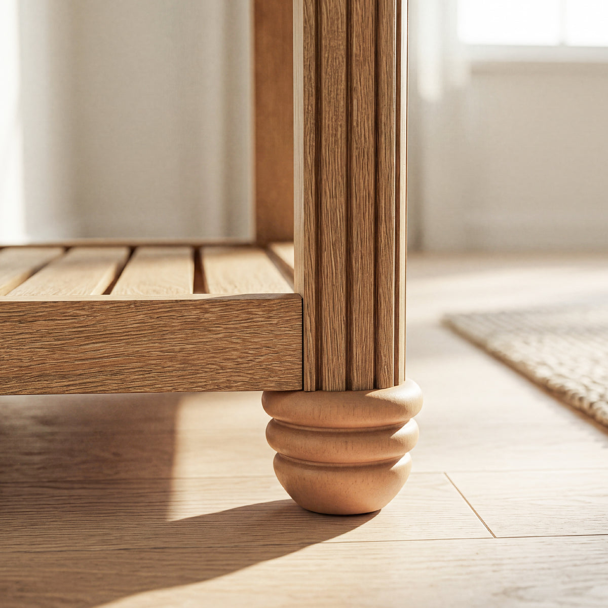 wood end table with open shelf showing the fluted leg turned bun foot and slatted lower shelf